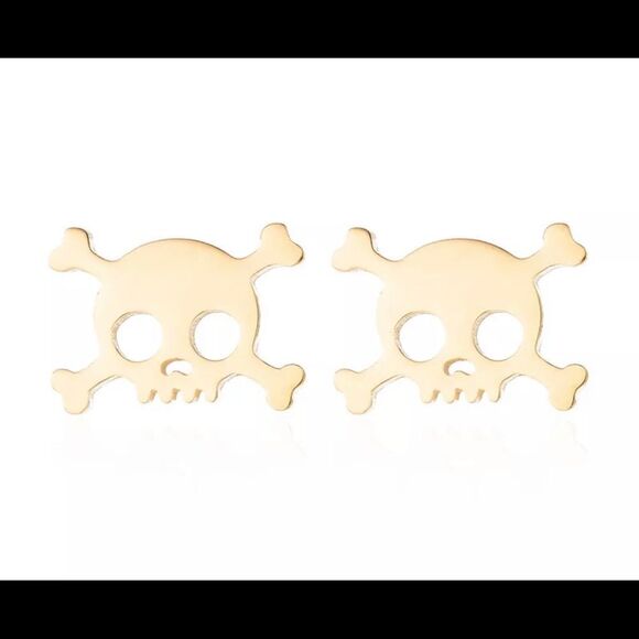 Pirate Skull Fashion Stud Earrings GOLD Tone - Picture 2 of 4